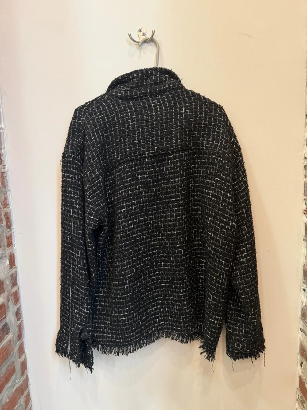 Forever 21 Men Black Tweed Frayed-Hem Blazer Jacket Large
